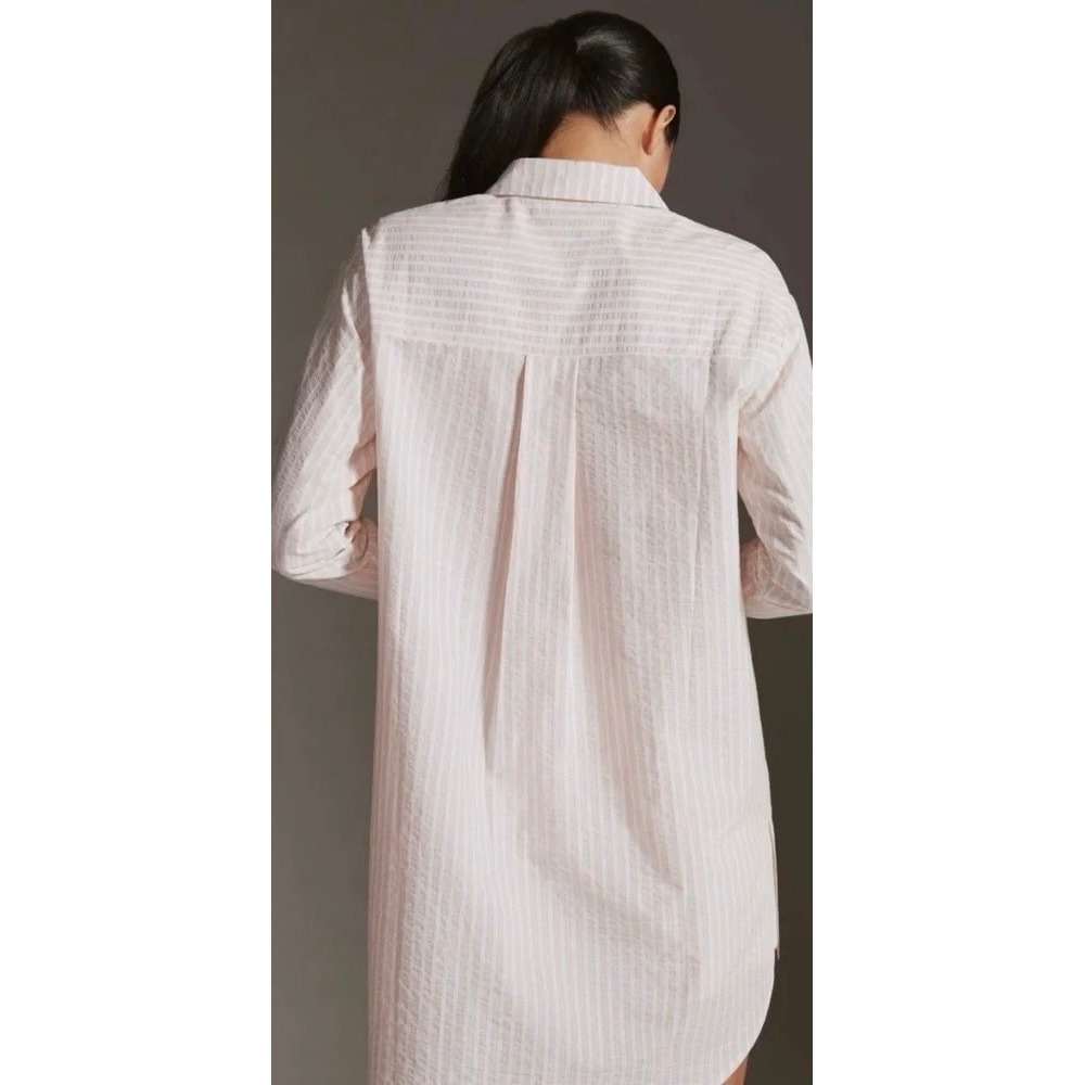 By ANTHROPOLOGIE Longline Button Down Pink White Stripe Shirt Buttondown Large - Picture 10 of 16